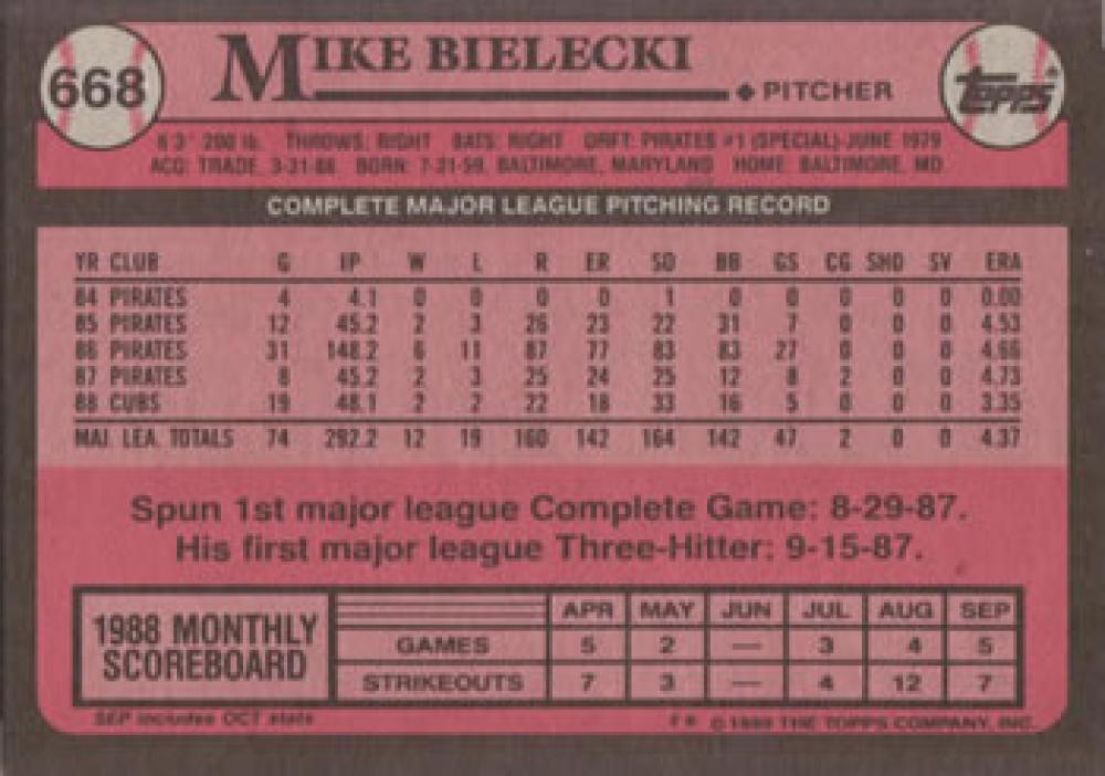 1989 Topps #668 Mike Bielecki NM-MT Chicago Cubs Baseball Card - TradingCardsMarketplace.com