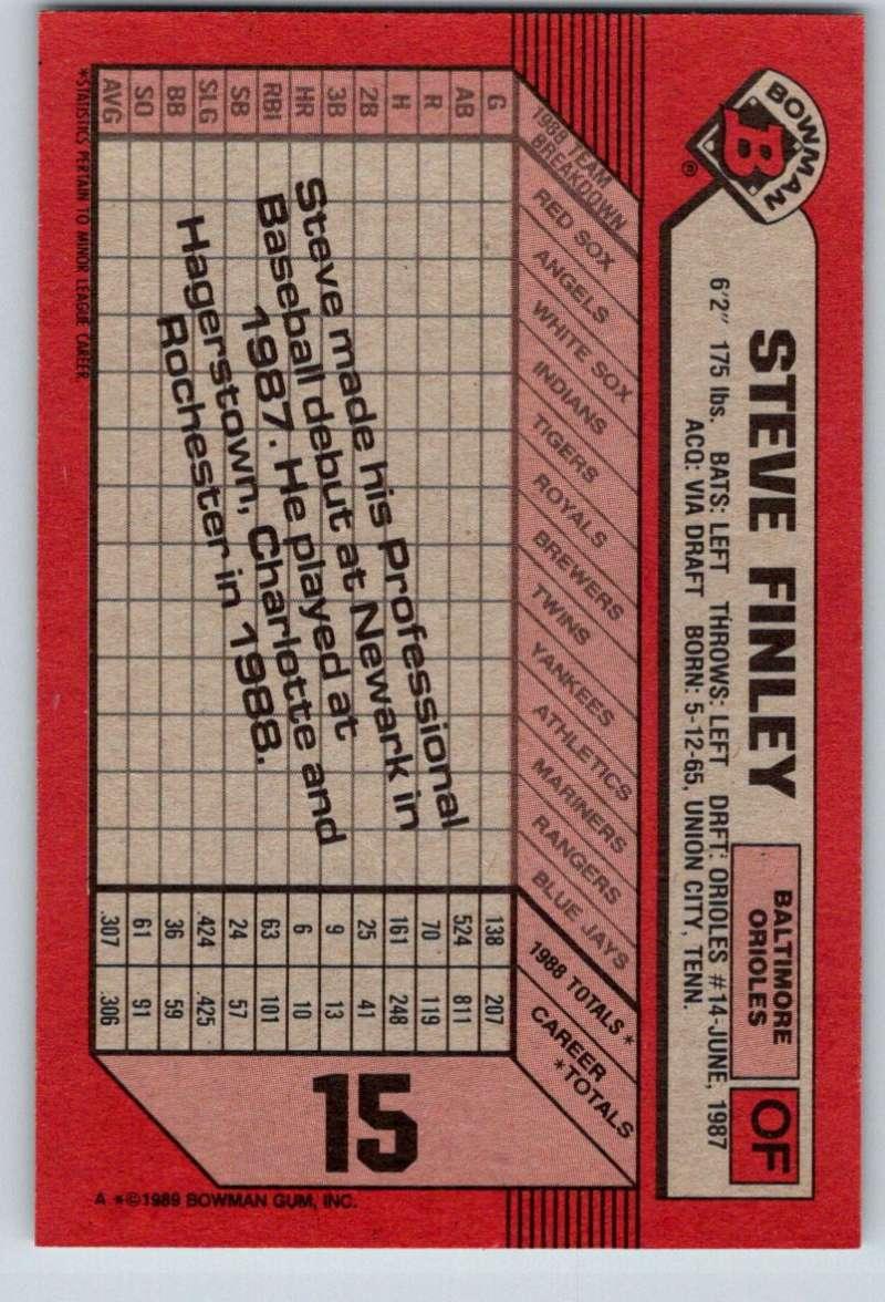 1989 Bowman #15 Steve Finley NM-MT RC Rookie Baltimore Orioles Baseball Card - TradingCardsMarketplace.com