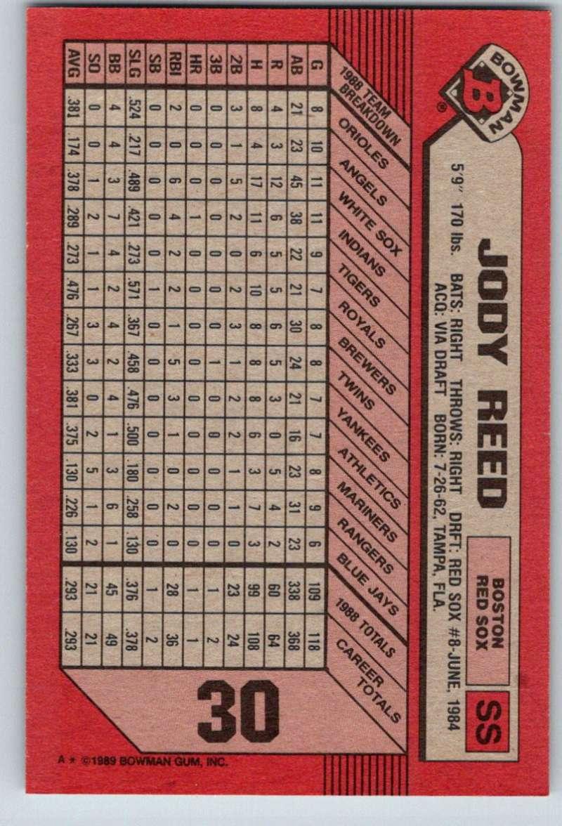 1989 Bowman #30 Jody Reed NM-MT Boston Red Sox Baseball Card - TradingCardsMarketplace.com