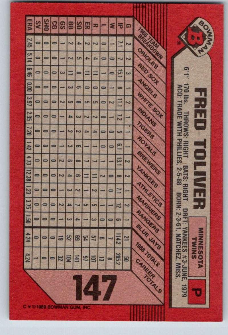 1989 Bowman #147 Fred Toliver NM-MT Minnesota Twins Baseball Card - TradingCardsMarketplace.com