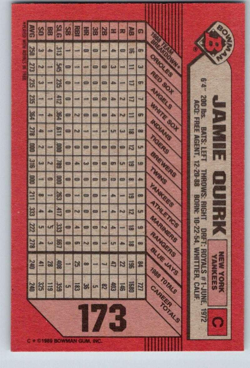 1989 Bowman #173 Jamie Quirk NM-MT New York Yankees Baseball Card - TradingCardsMarketplace.com