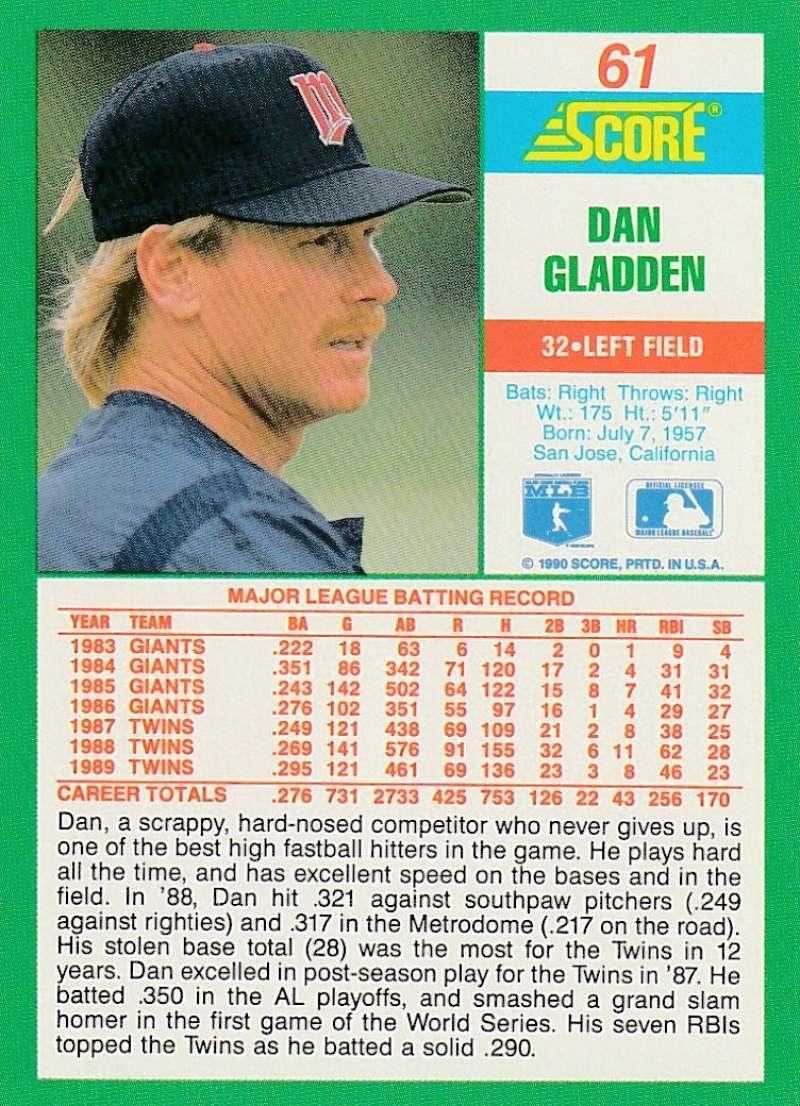 1990 Score #61 Dan Gladden NM-MT Minnesota Twins Baseball Card - TradingCardsMarketplace.com