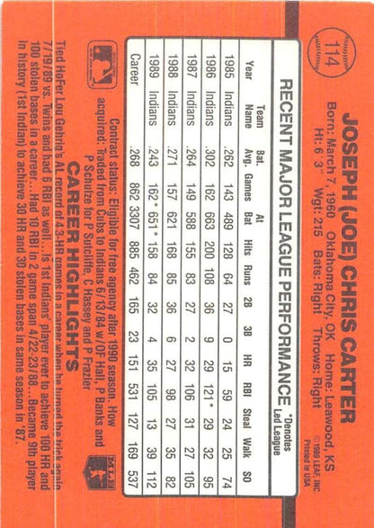 1990 Donruss #114 Joe Carter VG-EX Cleveland Indians Baseball Card - TradingCardsMarketplace.com