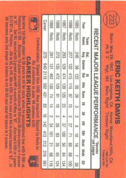 1990 Donruss #233 Eric Davis VG-EX Cincinnati Reds Baseball Card - TradingCardsMarketplace.com