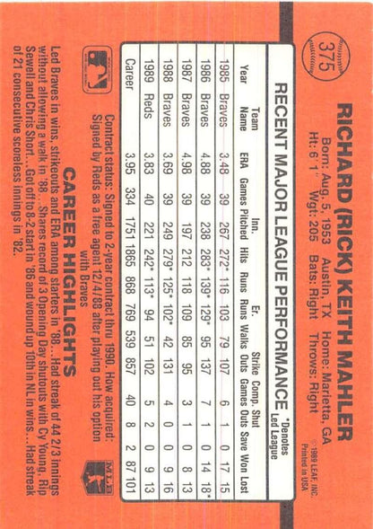 1990 Donruss #375 Rick Mahler VG-EX Cincinnati Reds Baseball Card - TradingCardsMarketplace.com