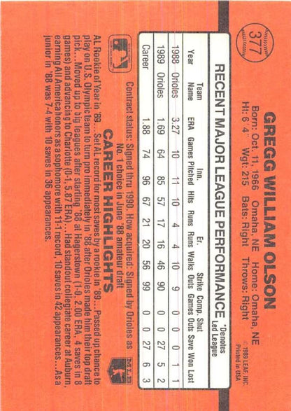 1990 Donruss #377 Gregg Olson VG-EX Baltimore Orioles Baseball Card - TradingCardsMarketplace.com