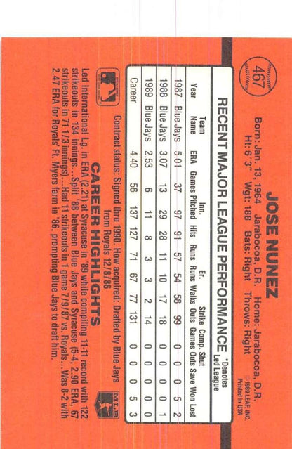 1990 Donruss #467 Jose Nunez VG-EX Toronto Blue Jays Baseball Card - TradingCardsMarketplace.com