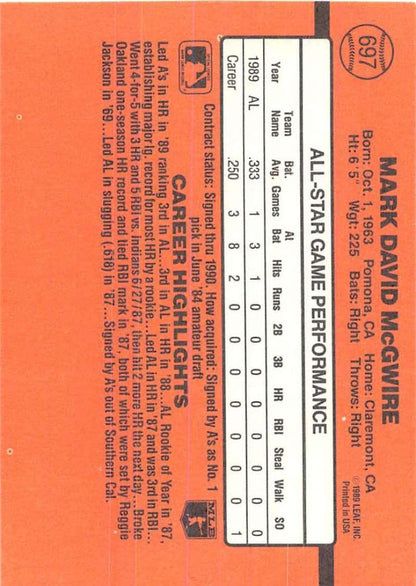 1990 Donruss #697b Mark McGwire COR AS VG-EX Oakland Athletics Baseball Card - TradingCardsMarketplace.com