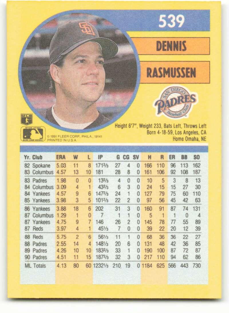 1991 Fleer #539 Dennis Rasmussen NM-MT San Diego Padres Baseball Card - TradingCardsMarketplace.com