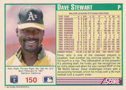 1991 Score #150 Dave Stewart NM-MT Oakland Athletics Baseball Card - TradingCardsMarketplace.com
