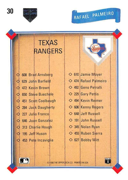 1991 Upper Deck #30 Rafael Palmeiro TC NM-MT Texas Rangers Baseball Card - TradingCardsMarketplace.com