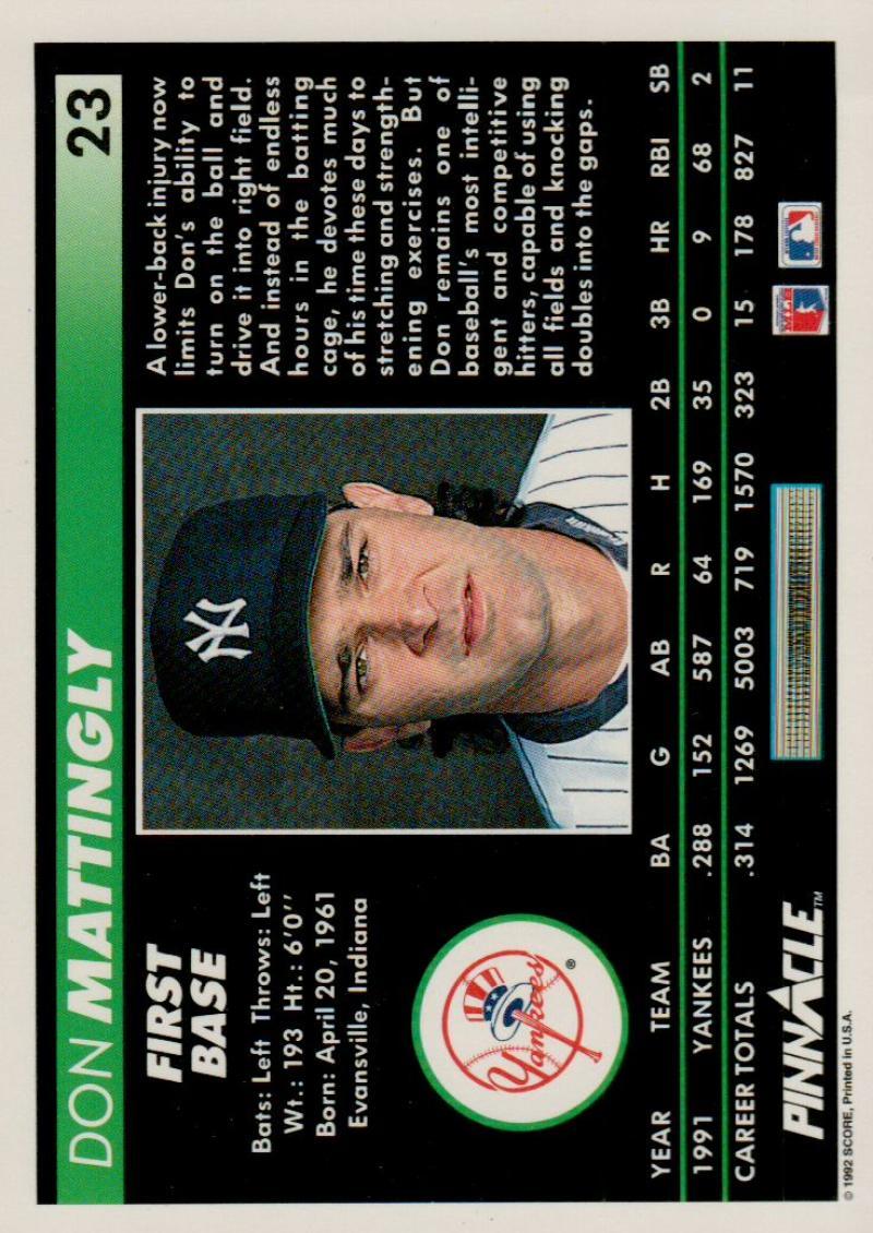 1992 Pinnacle #23 Don Mattingly EX New York Yankees Baseball Card - TradingCardsMarketplace.com