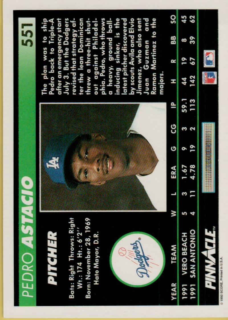 1992 Pinnacle #551 Pedro Astacio EX RC Rookie Los Angeles Dodgers Baseball Card - TradingCardsMarketplace.com