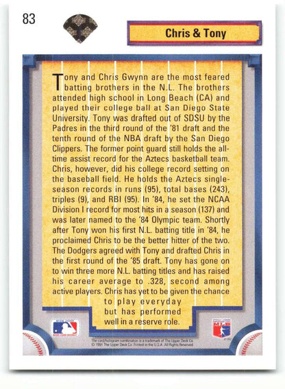 1992 Upper Deck #83 Chris Gwynn/Tony Gwynn NM-MT San Diego Padres/Los Angeles Dodgers Baseball Card - TradingCardsMarketplace.com