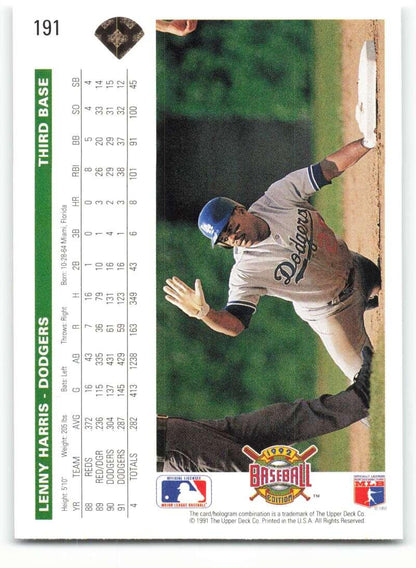 1992 Upper Deck #191 Lenny Harris NM-MT Los Angeles Dodgers Baseball Card - TradingCardsMarketplace.com