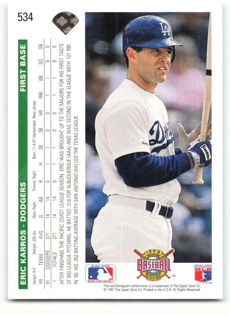 1992 Upper Deck #534 Eric Karros NM-MT Los Angeles Dodgers Baseball Card - TradingCardsMarketplace.com