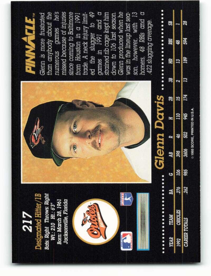 1993 Pinnacle #217 Glenn Davis NM-MT Baltimore Orioles Baseball Card - TradingCardsMarketplace.com