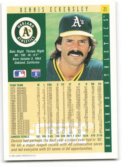 1993 Score #21 Dennis Eckersley NM-MT Oakland Athletics Baseball Card - TradingCardsMarketplace.com