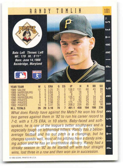 1993 Score #101 Randy Tomlin NM-MT Pittsburgh Pirates Baseball Card - TradingCardsMarketplace.com