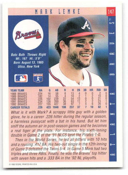 1993 Score #147 Mark Lemke NM-MT Atlanta Braves Baseball Card - TradingCardsMarketplace.com