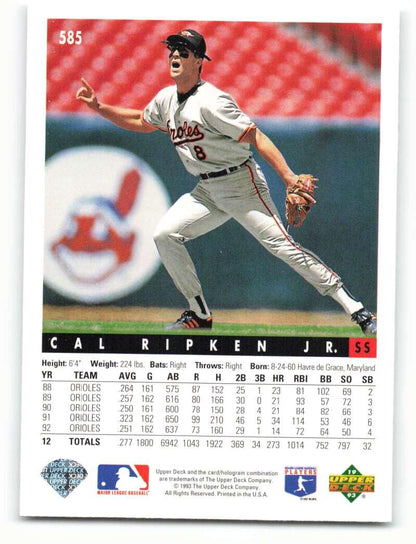 1993 Upper Deck #585 Cal Ripken Jr. VG Baltimore Orioles Baseball Card - TradingCardsMarketplace.com